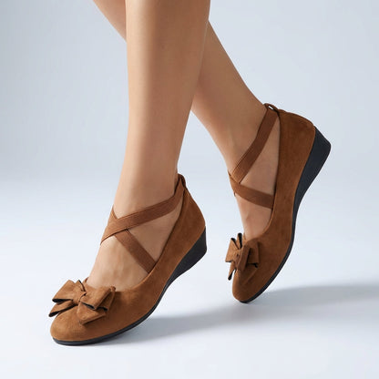 Women's Fitted Wedge Loafers Cross Strap Bow Detail
