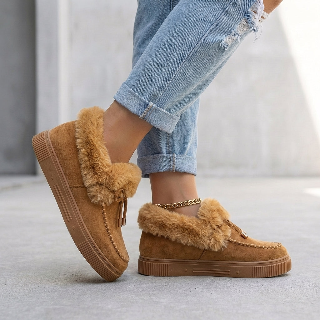 Women's Ankle Boots Faux Fur Trim Moccasin Detail Brown
