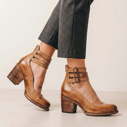 Vegan Leather Block Heel Pumps With Buckle Ankle Strap