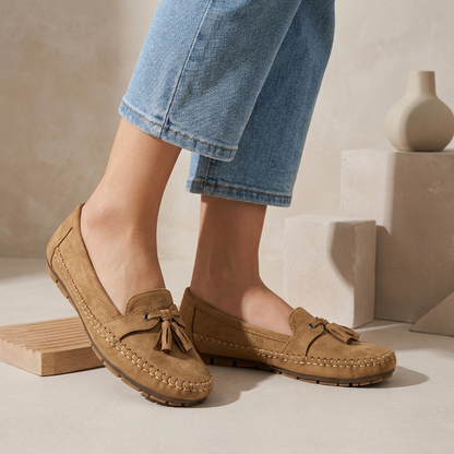 Suede Slip-On Loafers Moccasin Stitching Brown