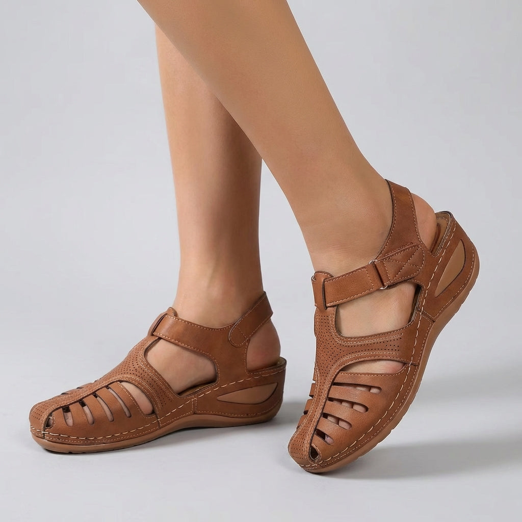 Women's Leather Wedge Sandals Perforated Ankle Strap - 
Fashinoza