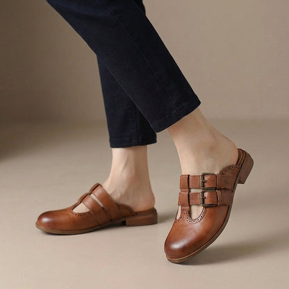 Women's Slip-On Mule Heels Double Buckle Strap Black