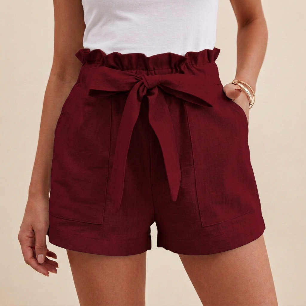 Women's Relaxed Fit Paperbag Shorts Cotton Self-Tie Beige