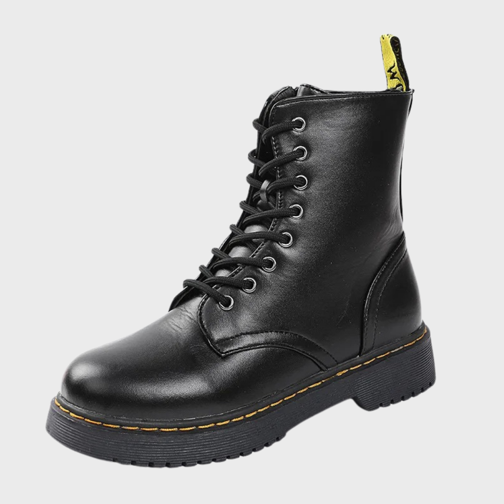 Women's Combat Boots Lace-Up Leather Side Zipper Black