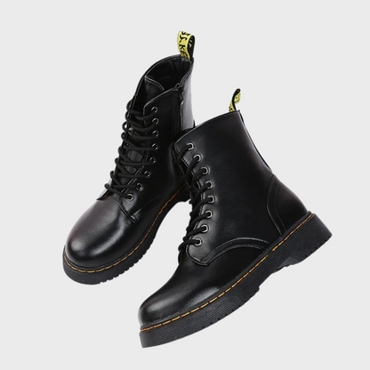 Women's Combat Boots Lace-Up Leather Side Zipper Black