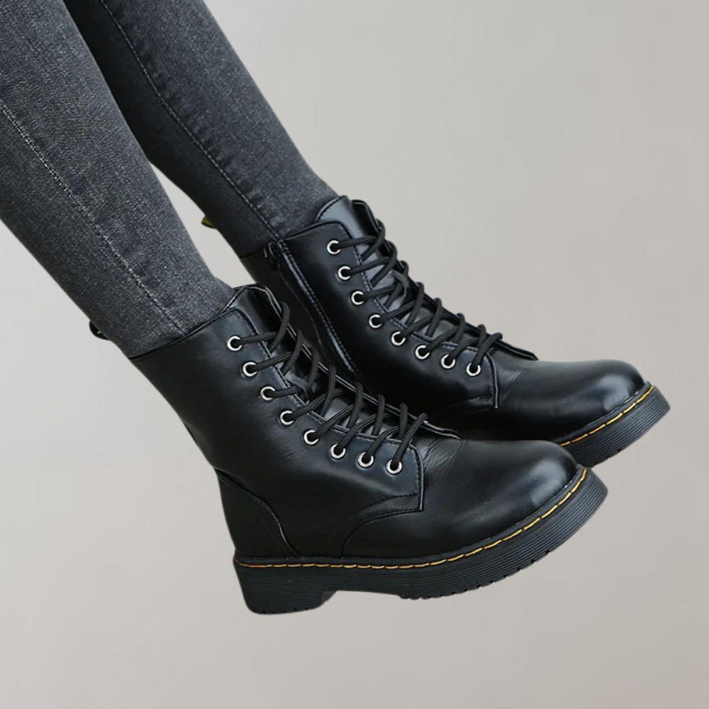 Women's Combat Boots Lace-Up Leather Side Zipper Black