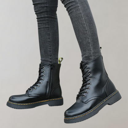 Women's Combat Boots Lace-Up Leather Side Zipper Black