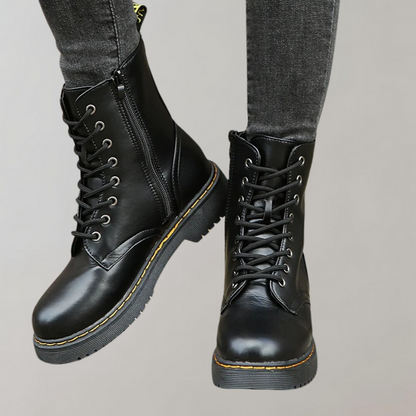 Women's Combat Boots Lace-Up Leather Side Zipper Black