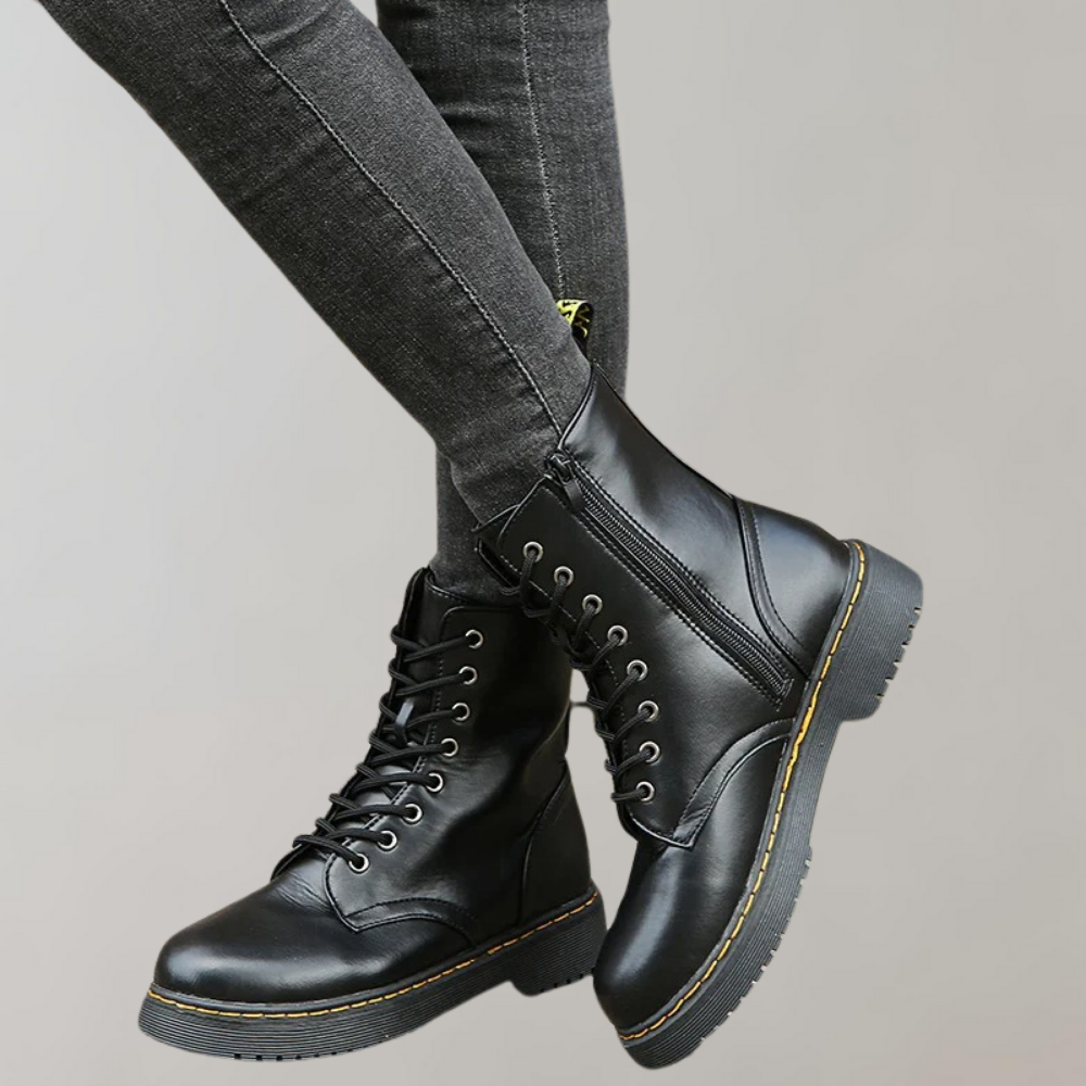 Women's Combat Boots Lace-Up Leather Side Zipper Black