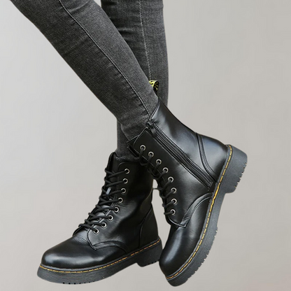Women's Combat Boots Lace-Up Leather Side Zipper Black