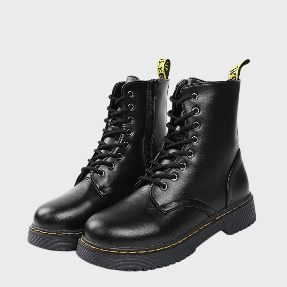 Women's Combat Boots Lace-Up Leather Side Zipper Black - Fashinoza