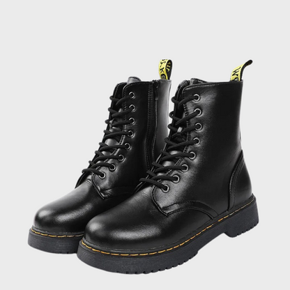 Women's Combat Boots Lace-Up Leather Side Zipper Black - Fashinoza