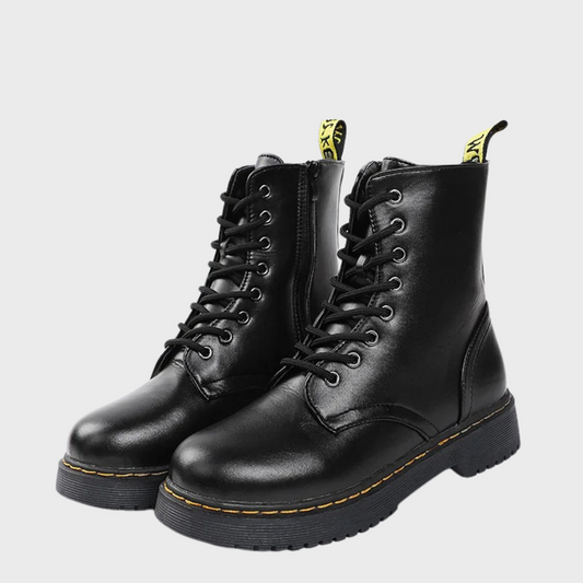 Women's Combat Boots Lace-Up Leather Side Zipper Black - Fashinoza