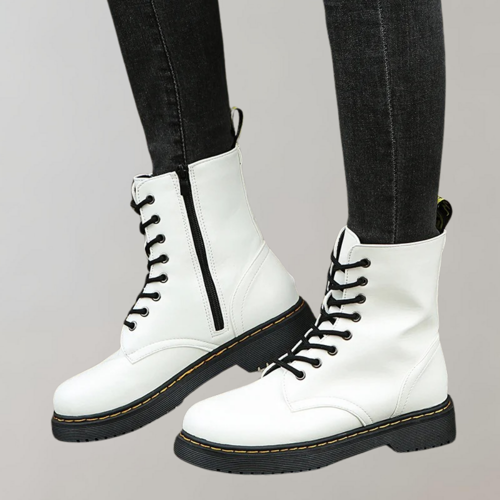Women's Combat Boots Lace-Up Leather Side Zipper Black