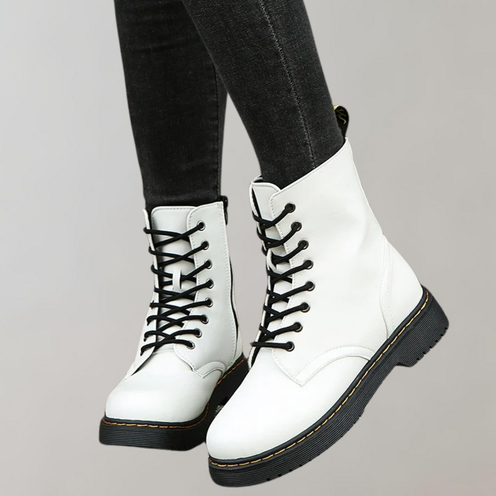 Women's Combat Boots Lace-Up Leather Side Zipper Black