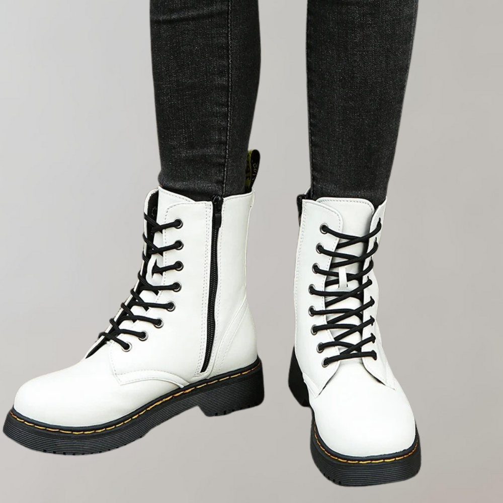 Women's Combat Boots Lace-Up Leather Side Zipper Black
