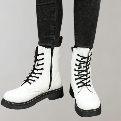 Women's Combat Boots Lace-Up Leather Side Zipper Black