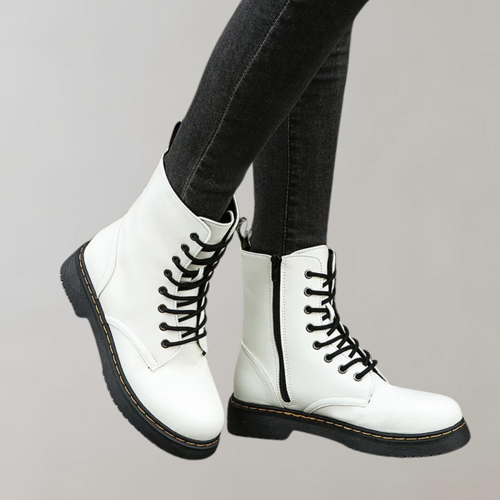 Women's Combat Boots Lace-Up Leather Side Zipper Black