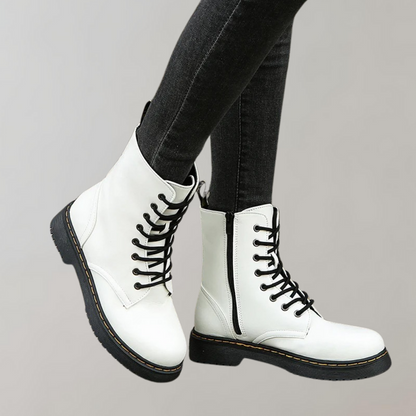 Women's Combat Boots Lace-Up Leather Side Zipper Black