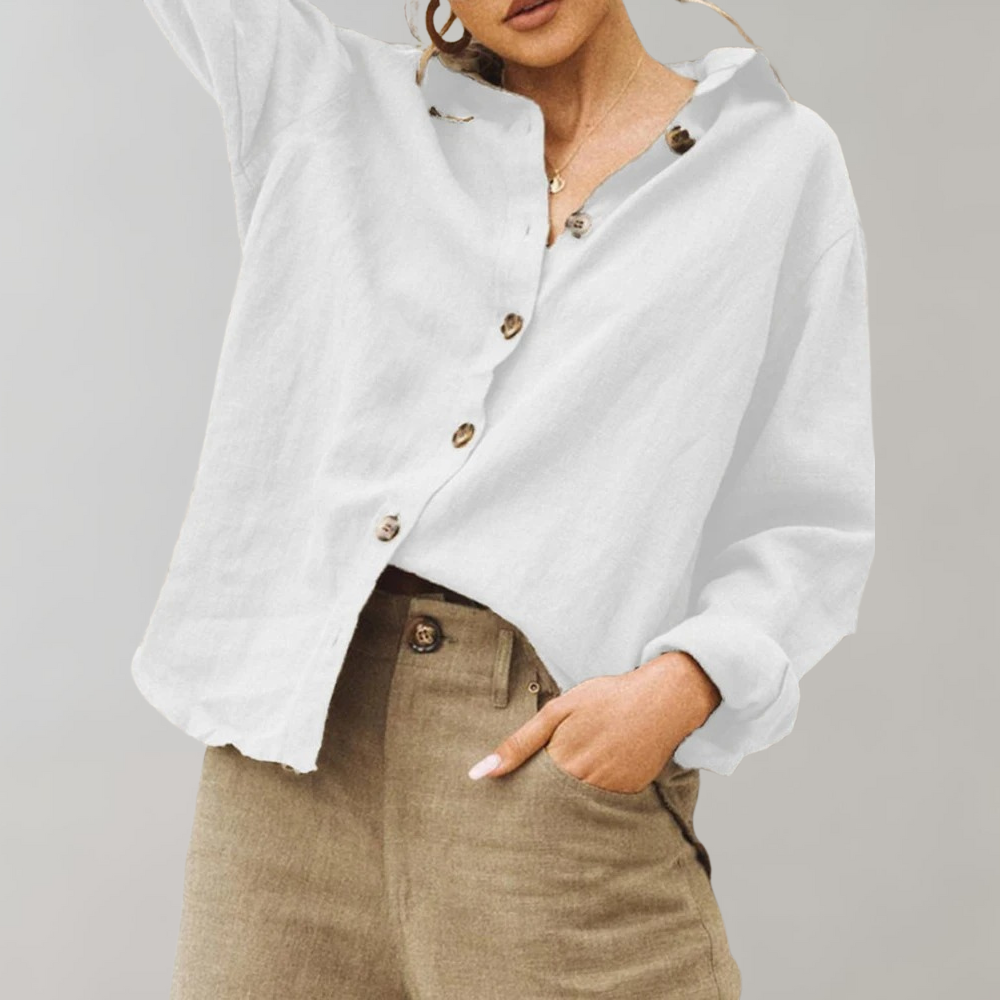 Women's Linen Blouse Relaxed Fit Classic Collar - Fashinoza