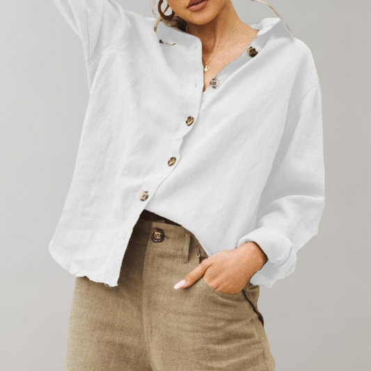 Women's Linen Blouse Relaxed Fit Classic Collar - Fashinoza