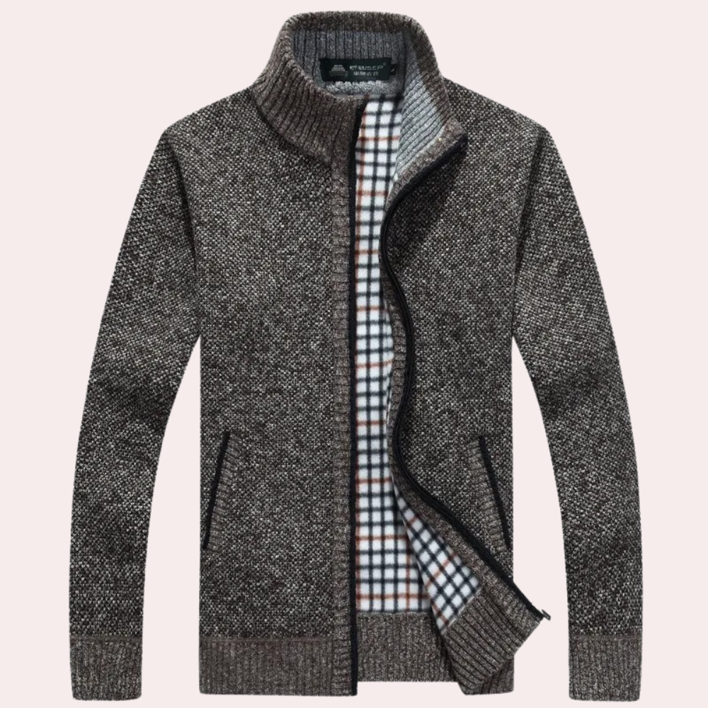 Men's Knitted Cardigan Plaid Mock Neck Zip Up