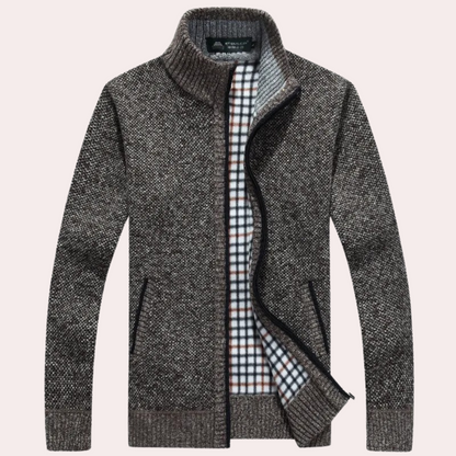 Men's Knitted Cardigan Plaid Mock Neck Zip Up