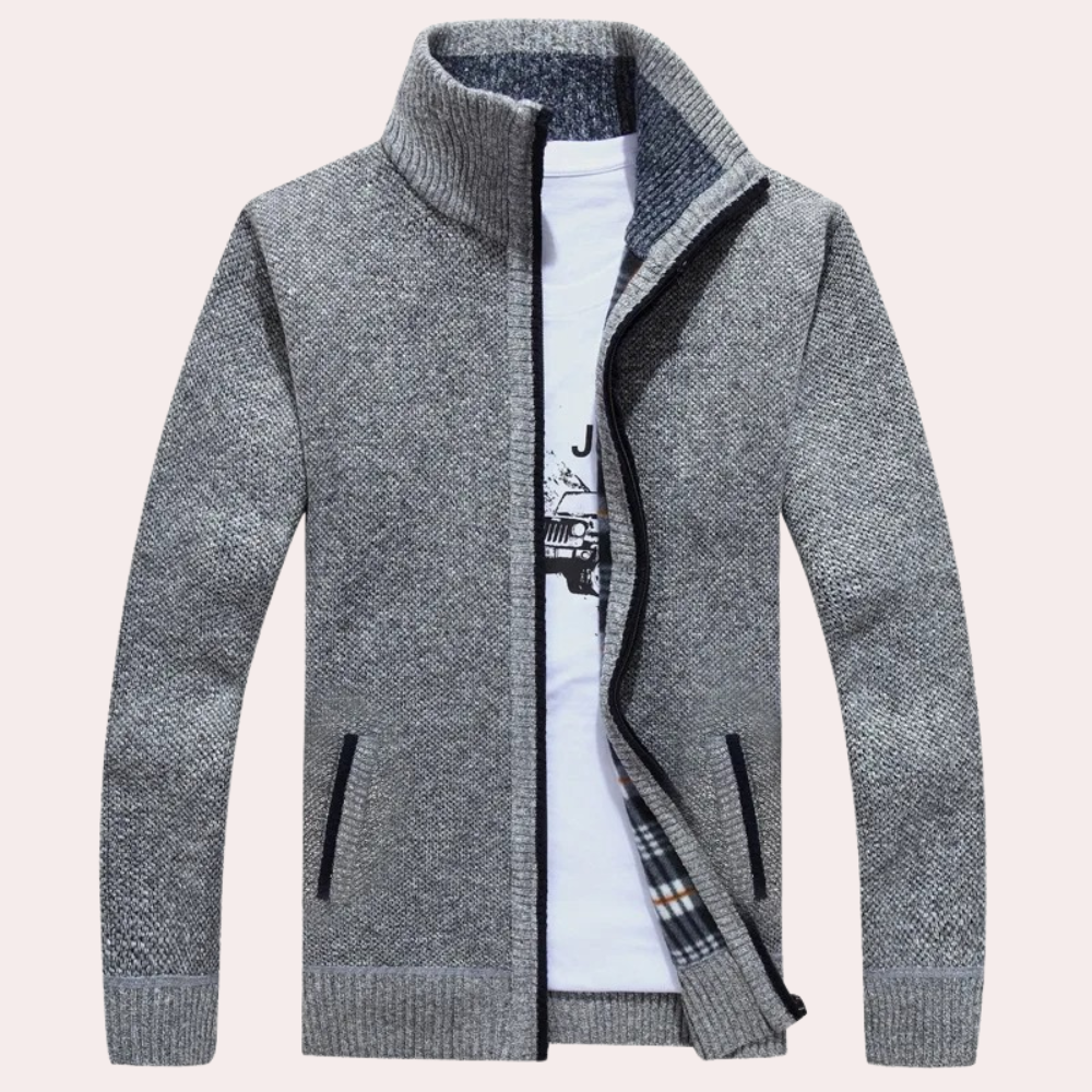 Men's Knitted Cardigan Plaid Mock Neck Zip Up