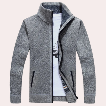 Men's Knitted Cardigan Plaid Mock Neck Zip Up