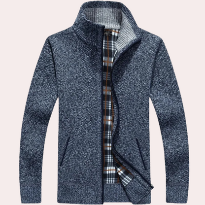 Men's Knitted Cardigan Plaid Mock Neck Zip Up