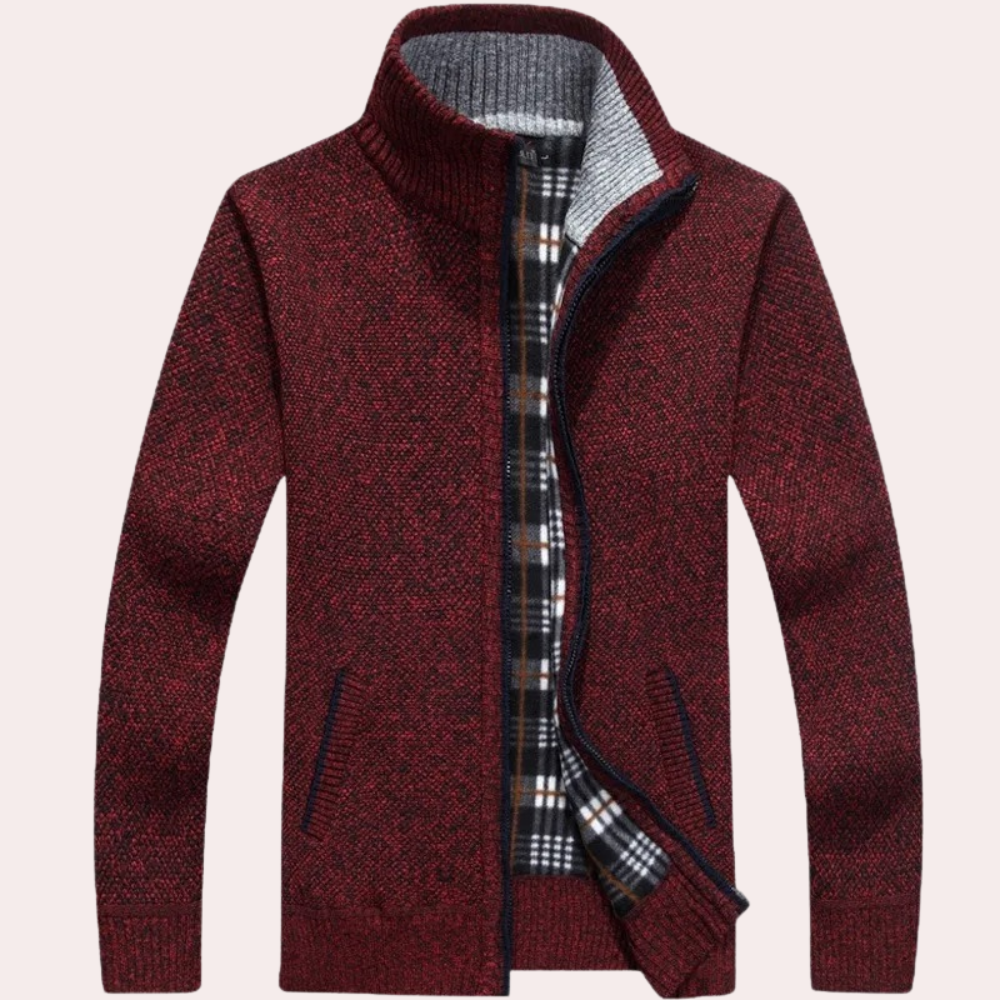 Men's Knitted Cardigan Plaid Mock Neck Zip Up - Fashinoza