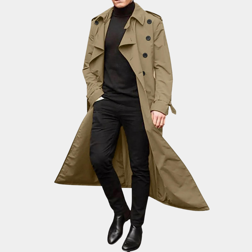 Men's Double-Breasted Trench Coat Wool Belted Tan