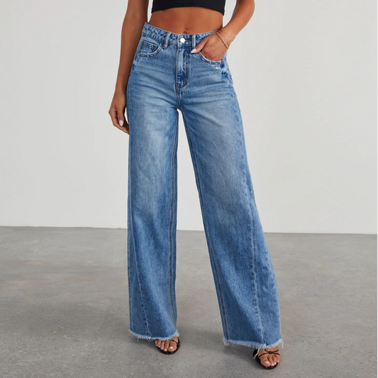 Women's High Waisted Wide Leg Jeans Raw Hem Blue - 
Fashinoza