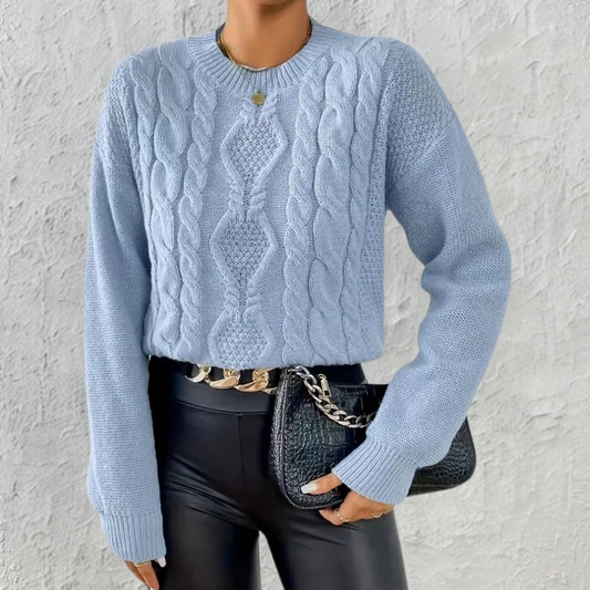 Women's Blue Cable Knit Sweater Long Sleeves - Fashinoza
