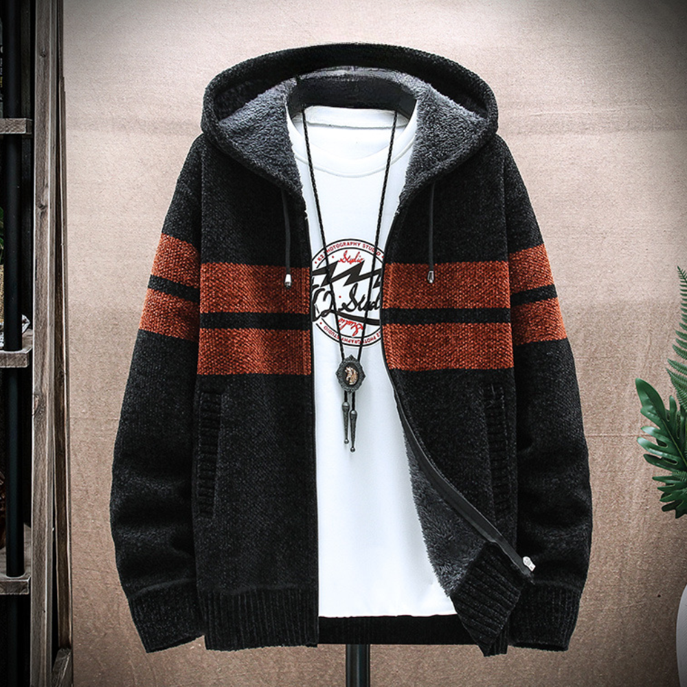 Men's Fleece Lined Zip Hoodie Striped Adjustable Drawstring