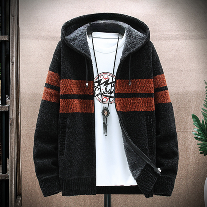 Men's Fleece Lined Zip Hoodie Striped Adjustable Drawstring