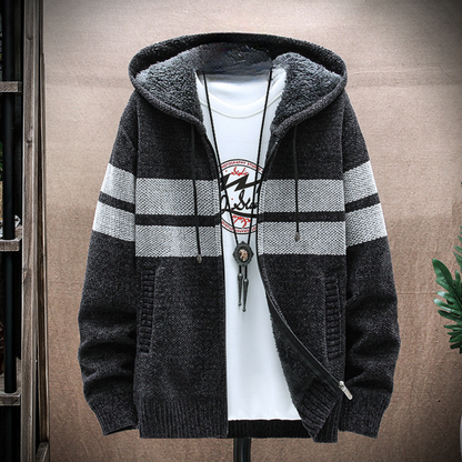 Men's Fleece Lined Zip Hoodie Striped Adjustable Drawstring