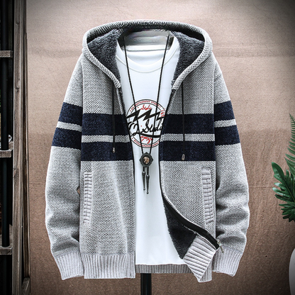 Men's Fleece Lined Zip Hoodie Striped Adjustable Drawstring