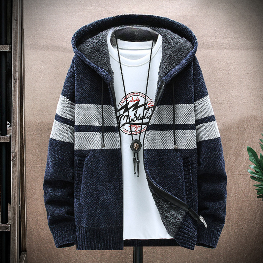 Men's Fleece Lined Zip Hoodie Striped Adjustable Drawstring - Fashinoza