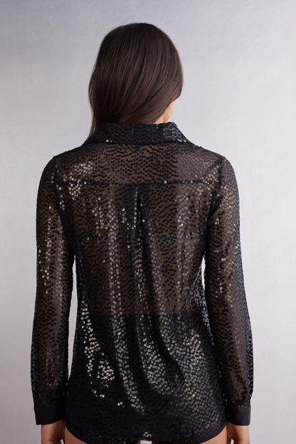 Women's Sequin Button-Up Shirt Black Glam