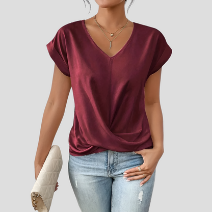 Women V Neck Blouse Draped Hem