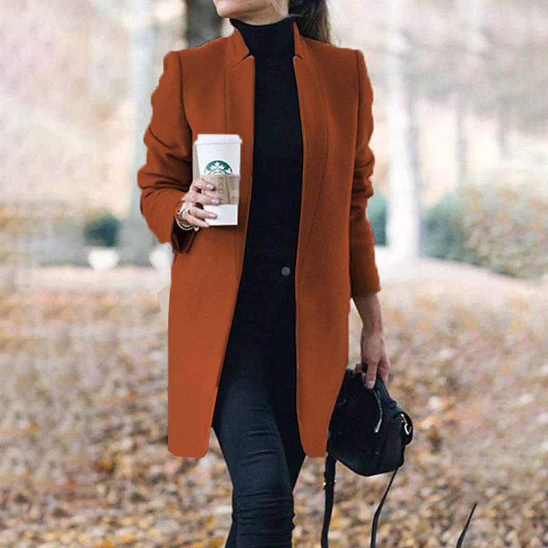Women's Long Wool Trench Coat Stand Collar Warm Beige