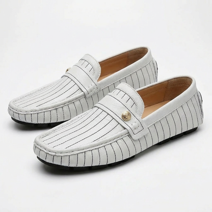 Men’s Genuine Leather Loafers Striped Cow Leather Slip-On Moccasins with Rubber Sole
