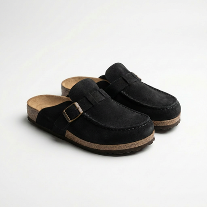 Women’s Suede Mules Microfiber Leather Clogs with Adjustable Buckle and Rubber Sole