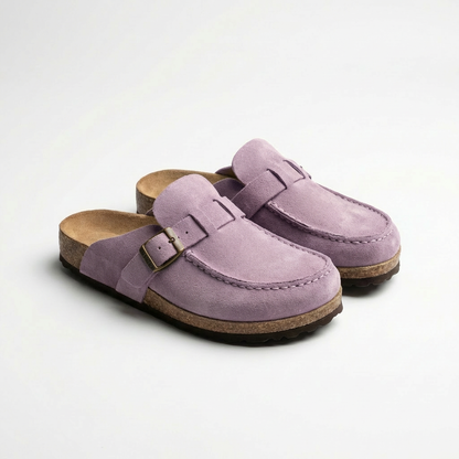 Women’s Suede Mules Microfiber Leather Clogs with Adjustable Buckle and Rubber Sole
