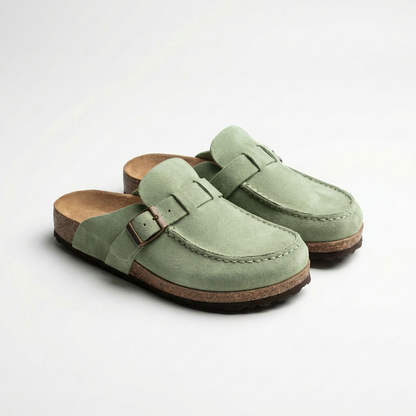 Women’s Suede Mules Microfiber Leather Clogs with Adjustable Buckle and Rubber Sole