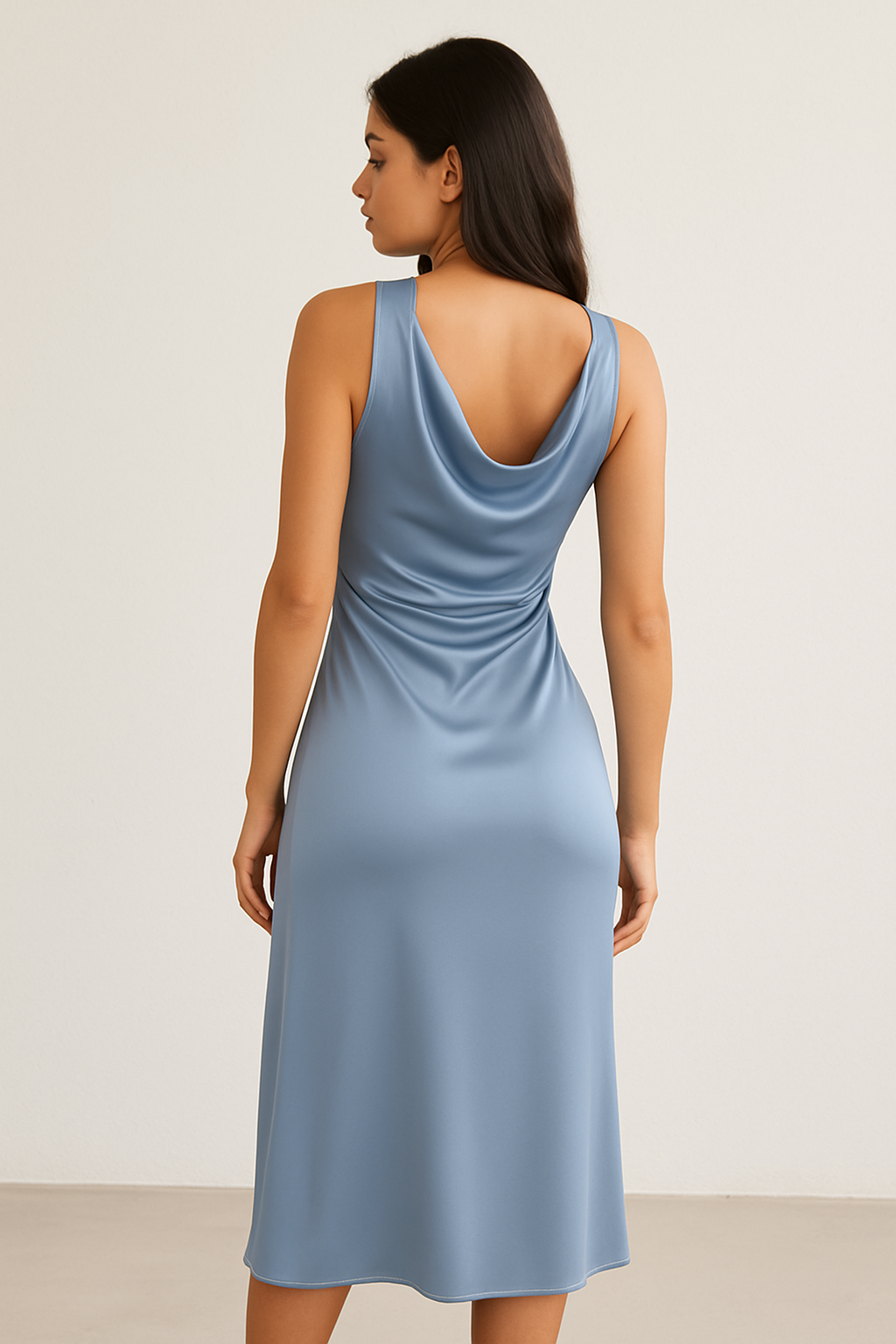 Women's Satin Midi Dress Cowl Neck Light Blue