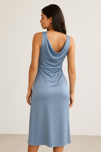 Women's Satin Midi Dress Cowl Neck Light Blue