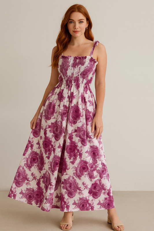 Women's Floral Maxi Dress Cotton Pink White - Fashinoza