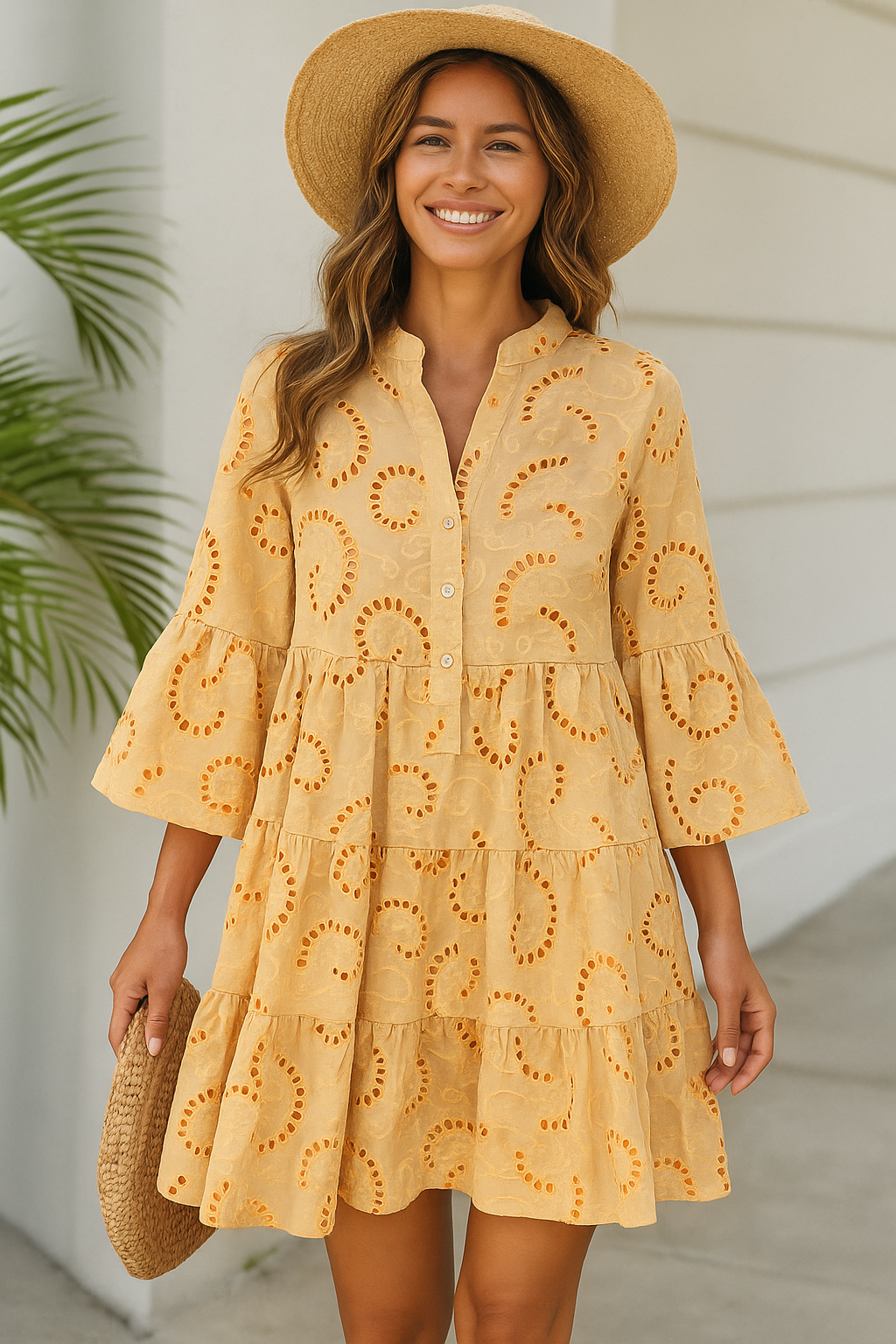Beige Embroidered Summer Dress Flowy Sleeves Tropical Style - Fashinoza